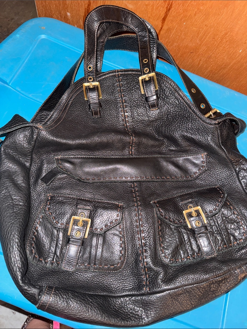 Black Leather Satchel Handbag - Women Other
